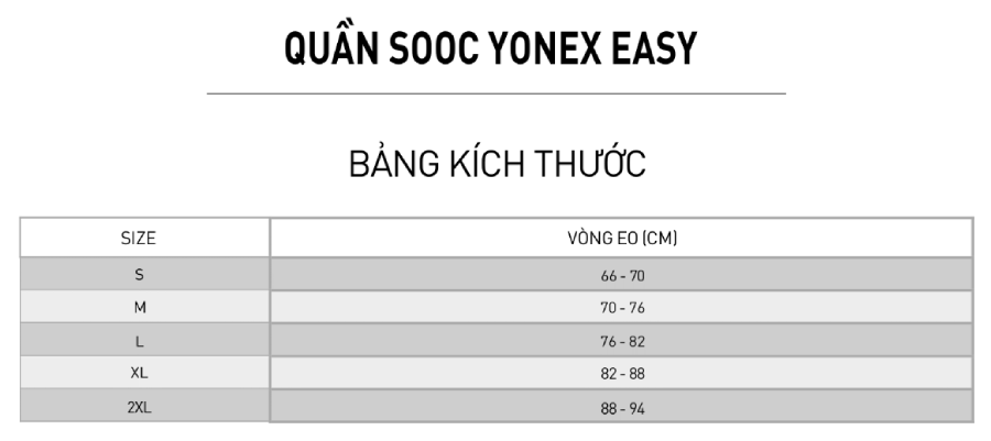 Bảng size Quần Yonex Shorts SM-S092-2603-EASY23-S