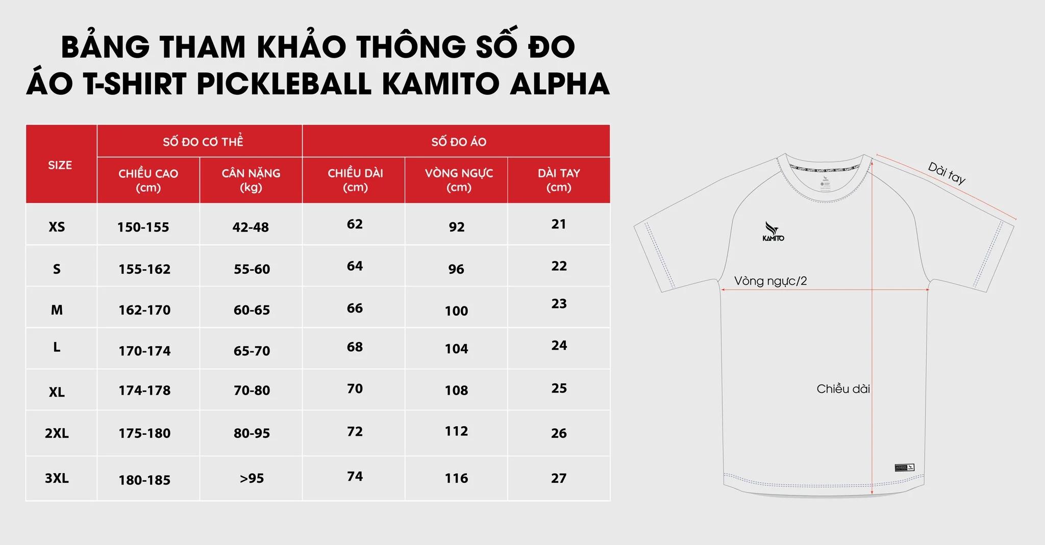 Bảng size áo T-shirt Kamito Alpha V1