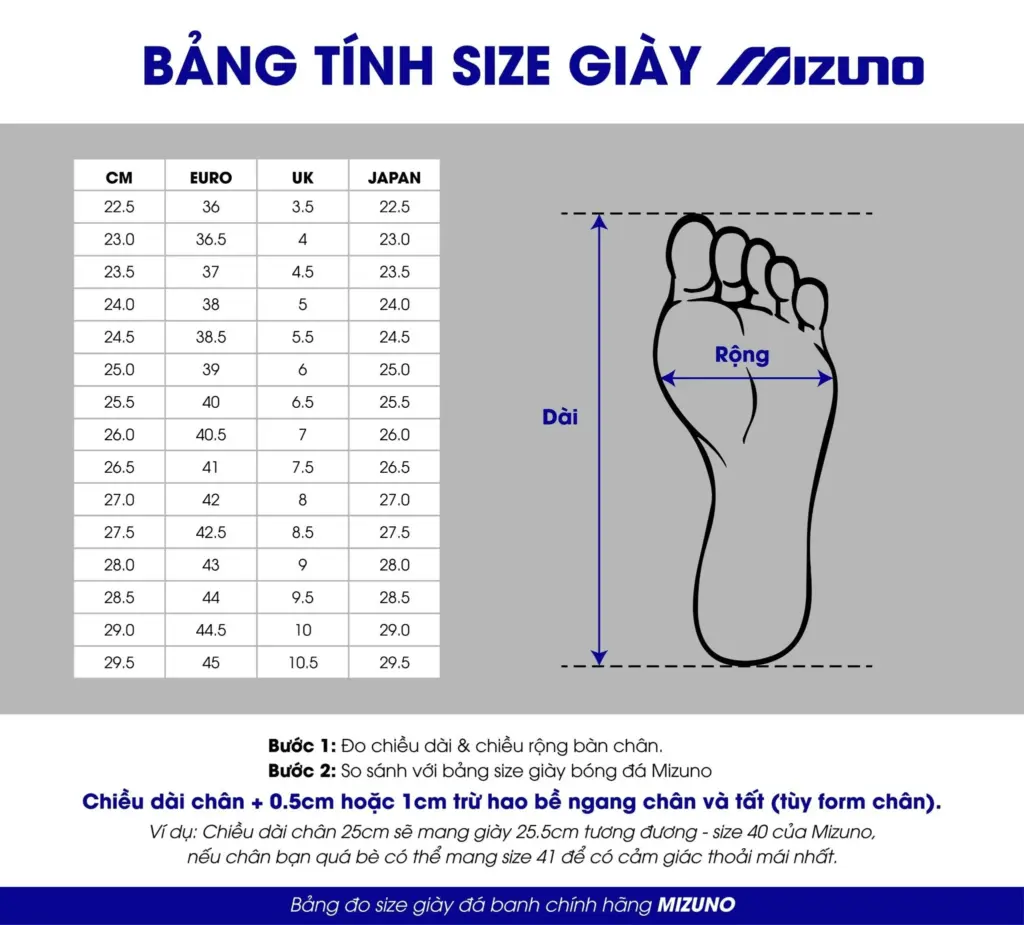 size giay mizuno